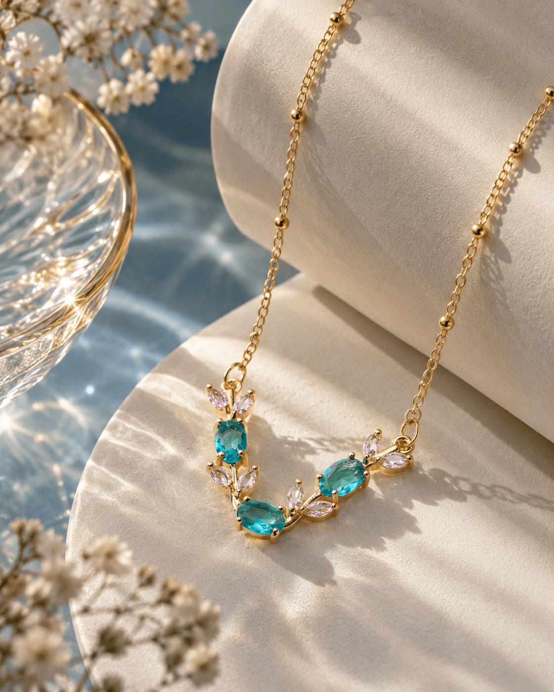 Teal & Pink Crystal Vine Pendant Necklace - Maxiblink