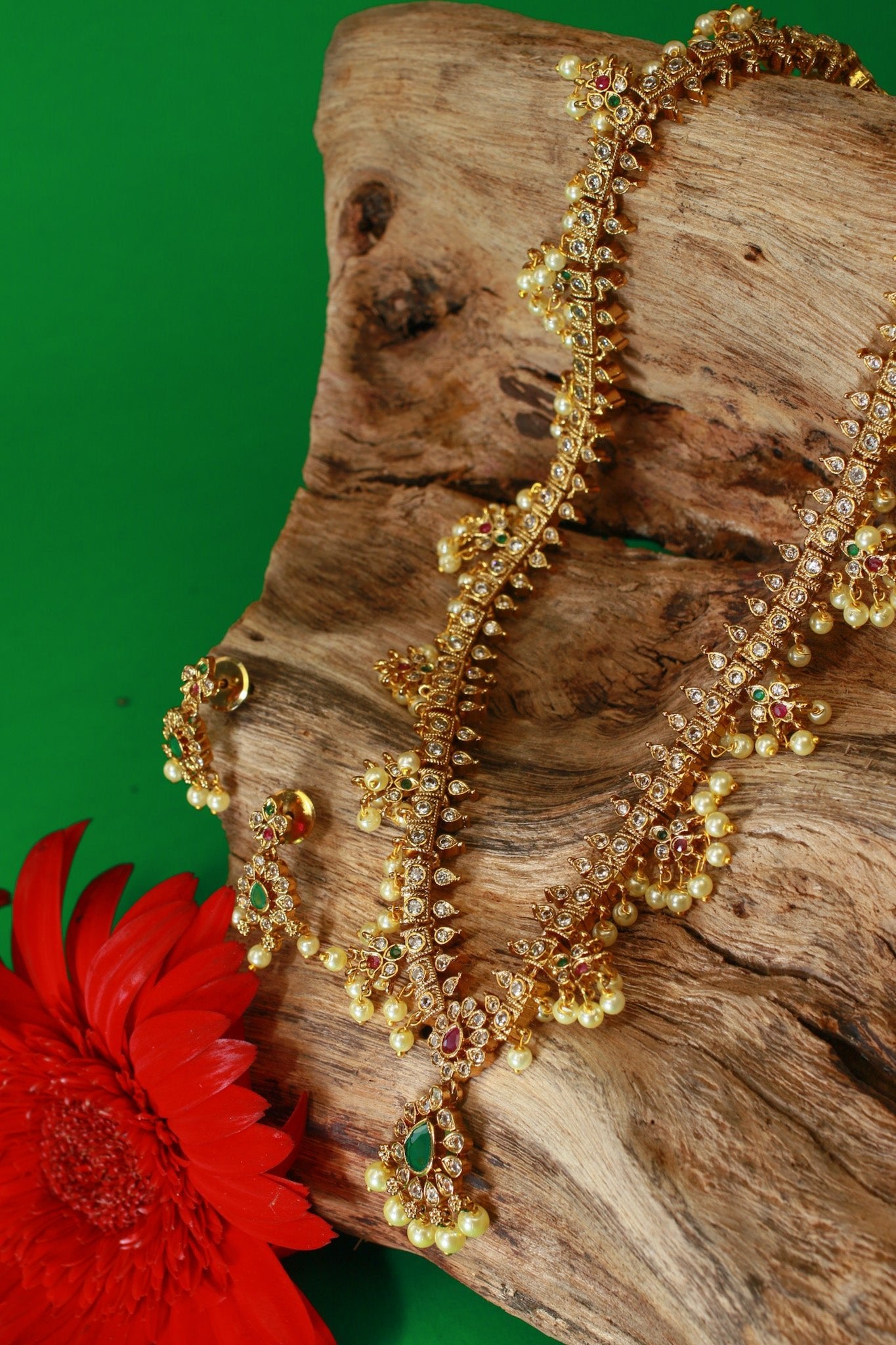 Temple Necklace Set with Pearl Clusters & Green Kundan Drop - Maxiblink