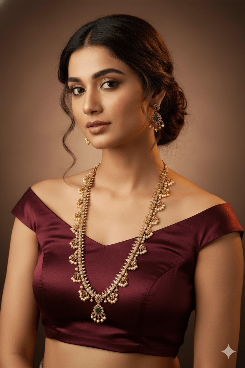 Temple Necklace Set with Pearl Clusters & Green Kundan Drop - Maxiblink