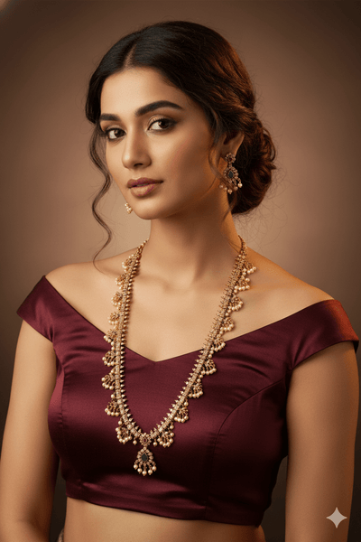 Temple Necklace Set with Pearl Clusters & Green Kundan Drop - Maxiblink