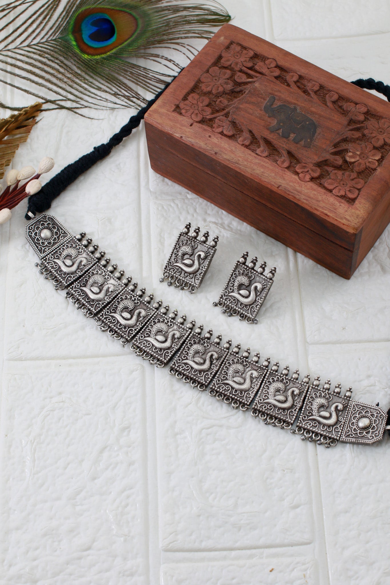 Temple Swan Panel Choker Necklace with Earrings | Oxidised German Silver - Maxiblink