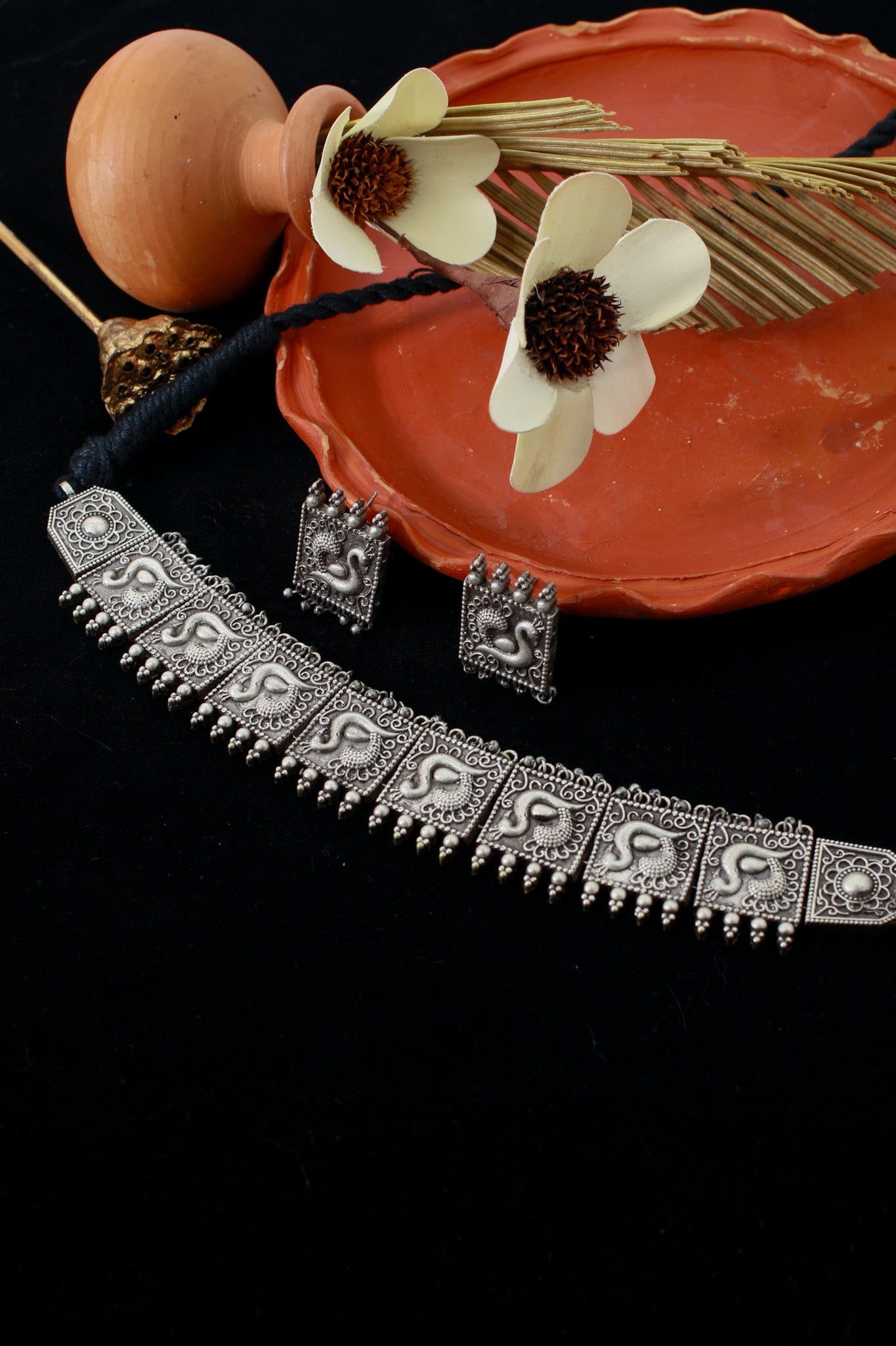 Temple Swan Panel Choker Necklace with Earrings | Oxidised German Silver - Maxiblink