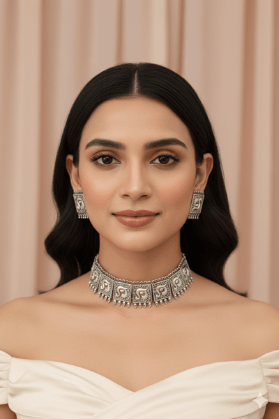 Temple Swan Panel Choker Necklace with Earrings | Oxidised German Silver - Maxiblink
