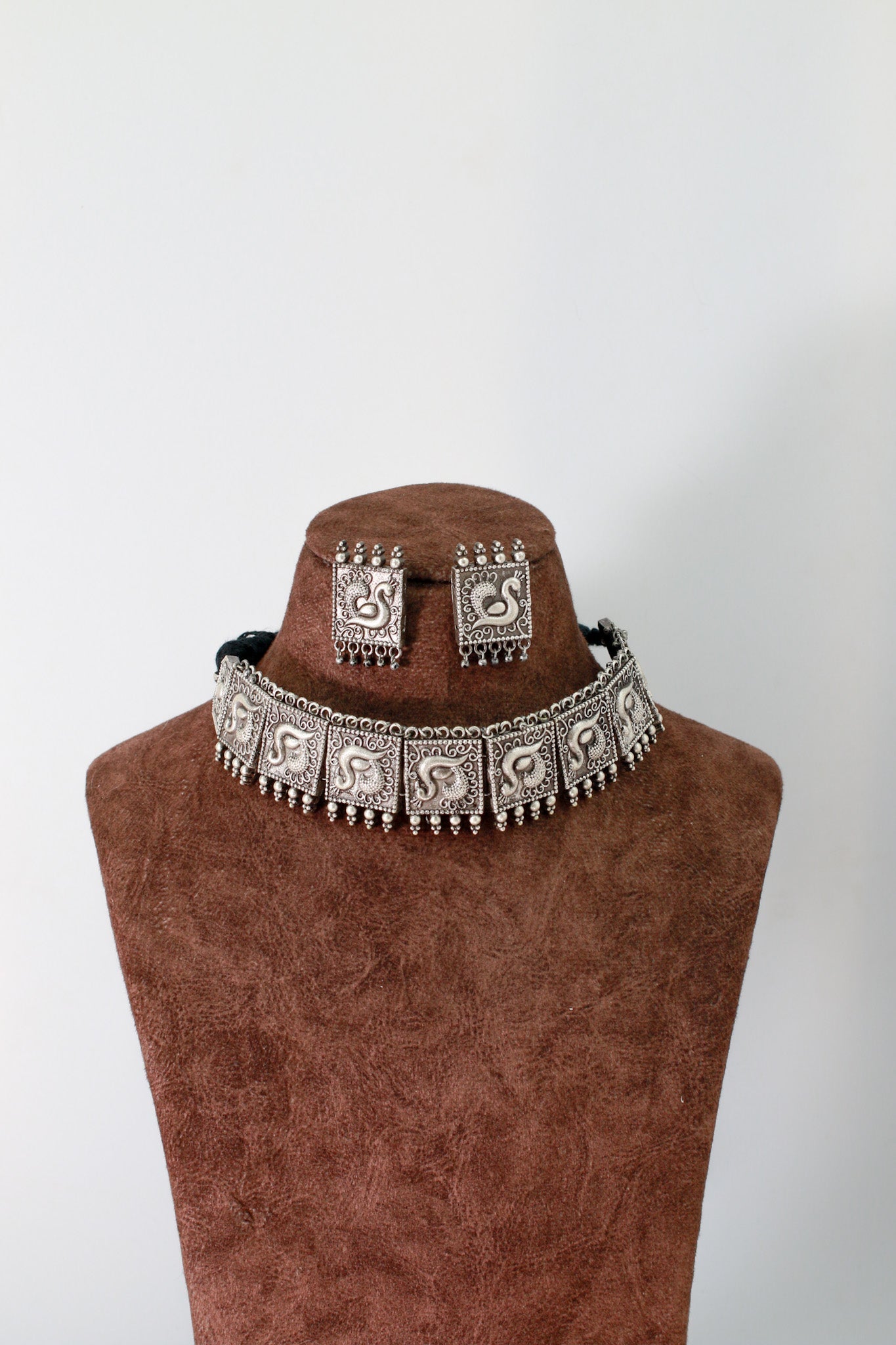 Temple Swan Panel Choker Necklace with Earrings | Oxidised German Silver - Maxiblink