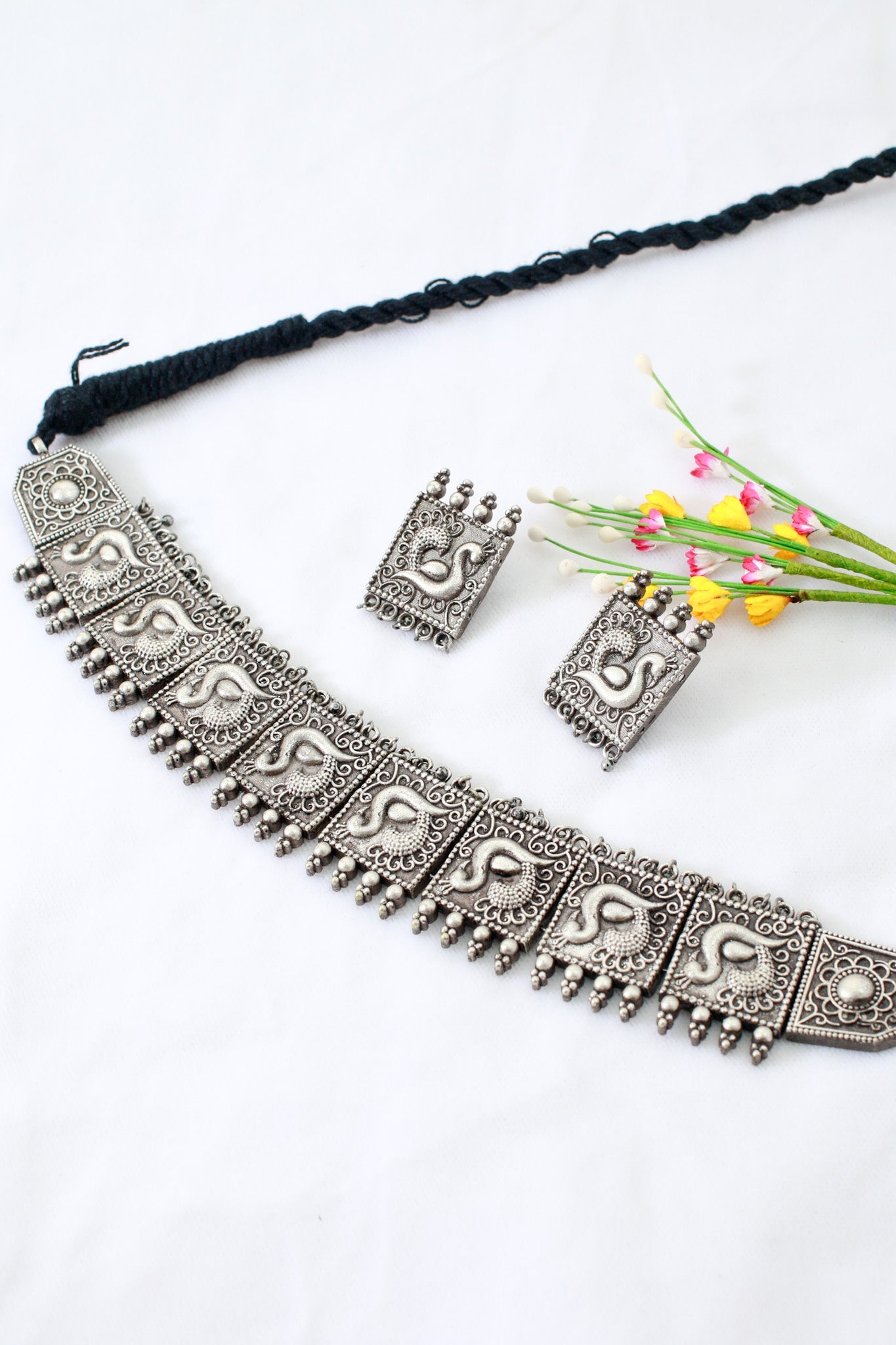 Temple Swan Panel Choker Necklace with Earrings | Oxidised German Silver - Maxiblink