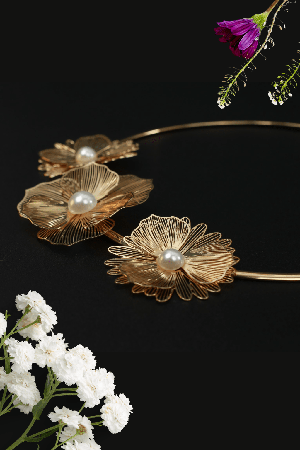 Textured Floral Trio Choker Necklace with Pearls - Maxiblink