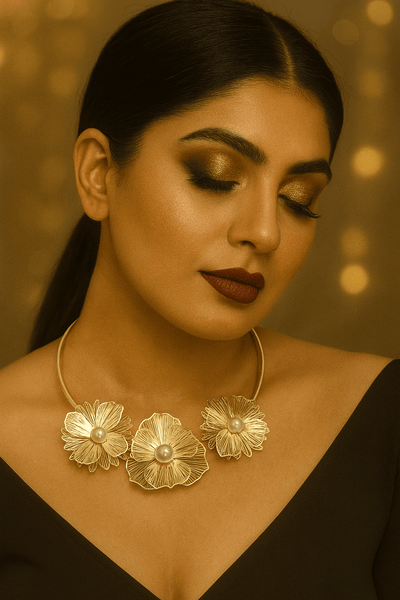 Textured Floral Trio Choker Necklace with Pearls - Maxiblink