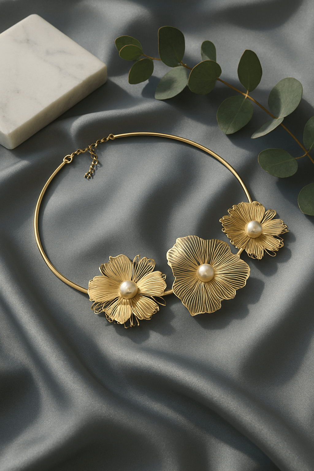 Textured Floral Trio Choker Necklace with Pearls - Maxiblink