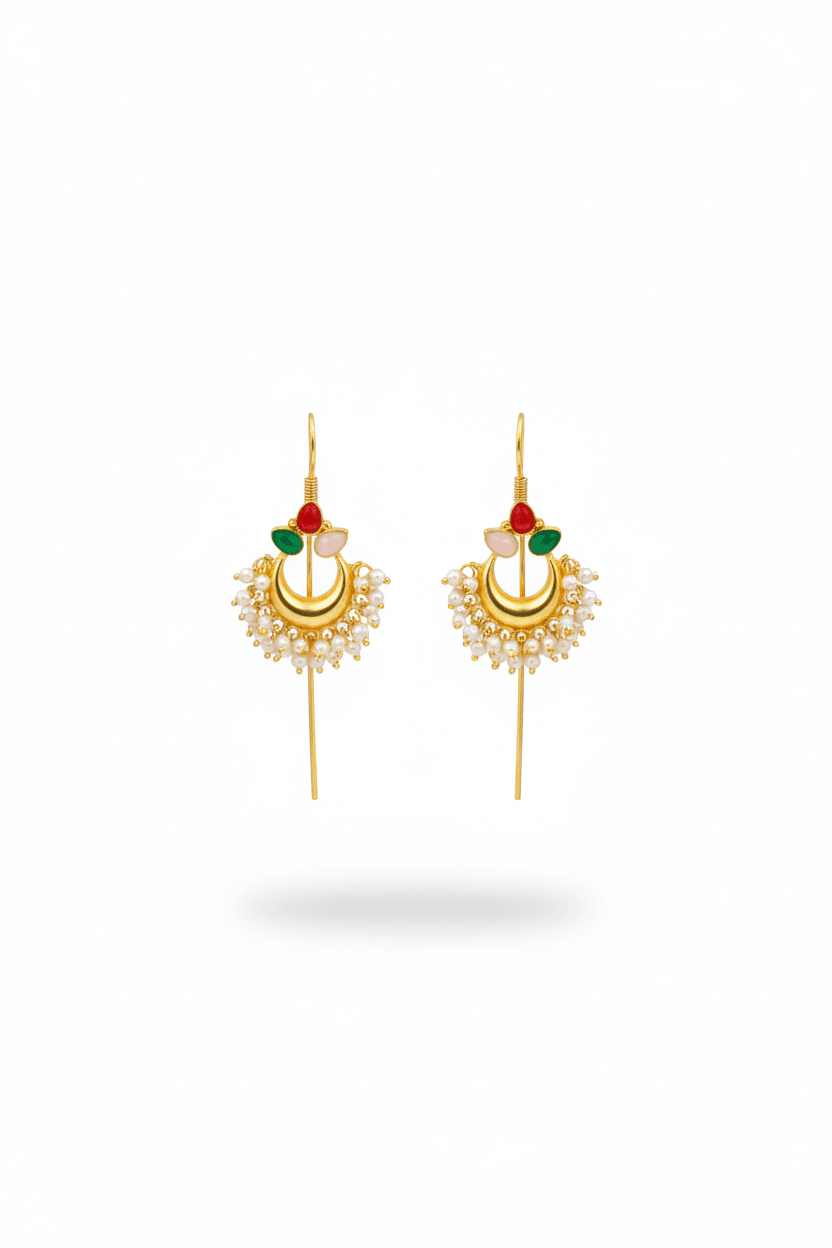Traditional Bugadi Earring with Pearl Fringe & Multicolor Floral Stones | Brass Anti Tarnish | Lightweight - Maxiblink