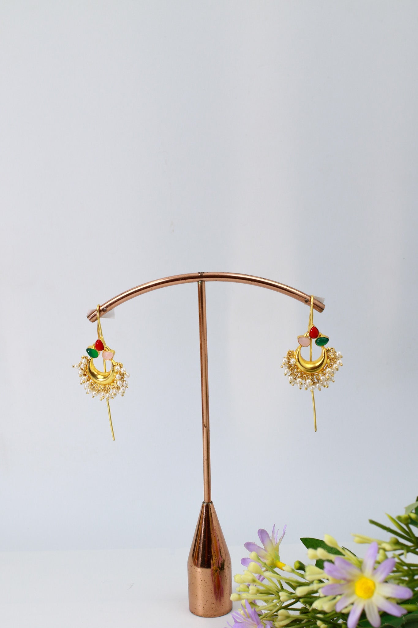 Traditional Bugadi Earring with Pearl Fringe & Multicolor Floral Stones | Brass Anti Tarnish | Lightweight - Maxiblink