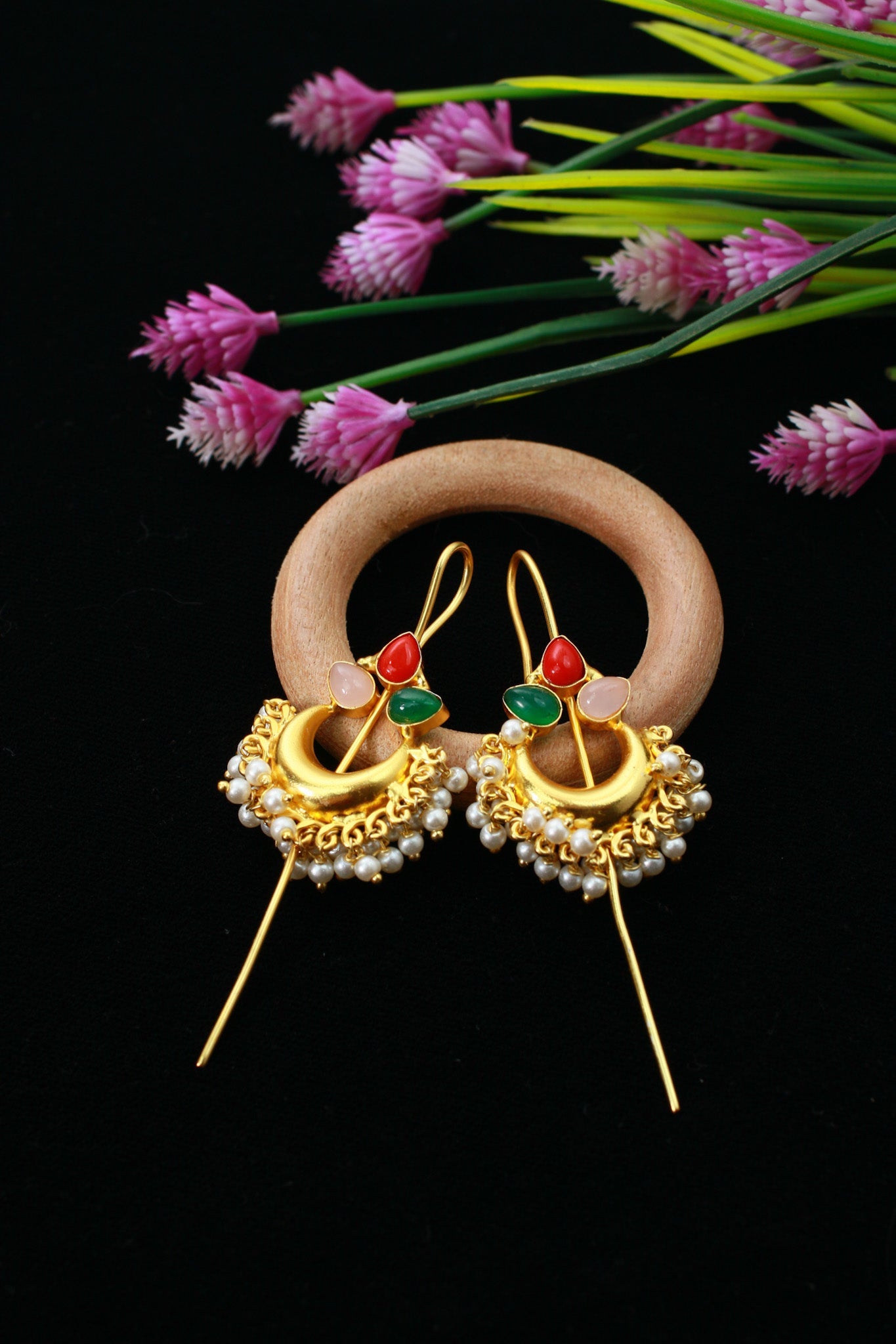 Traditional Bugadi Earring with Pearl Fringe & Multicolor Floral Stones | Brass Anti Tarnish | Lightweight - Maxiblink
