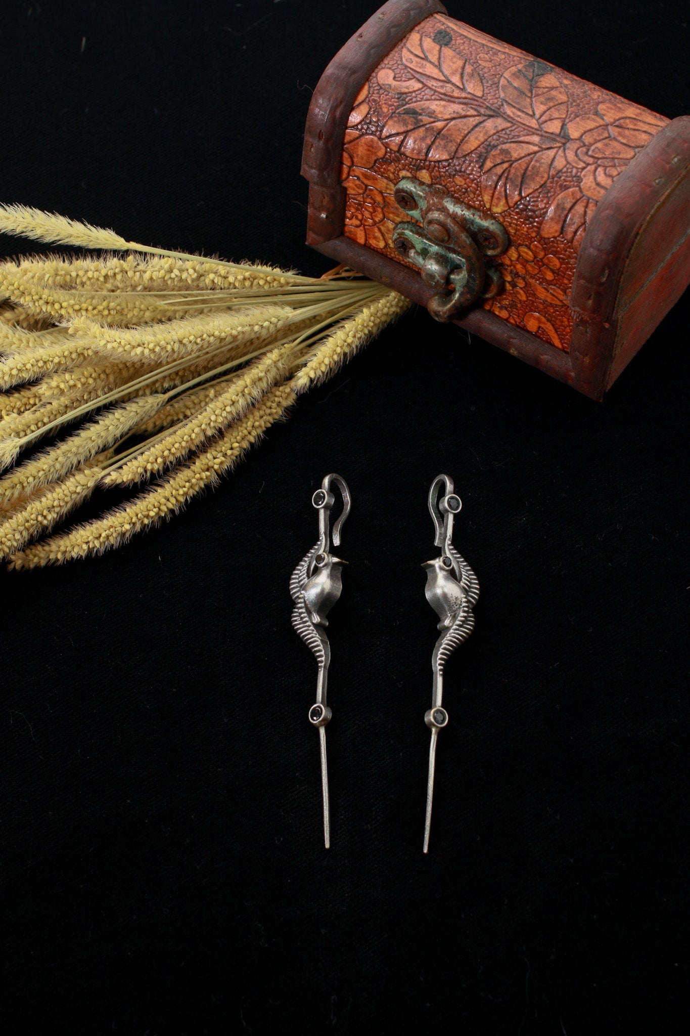 Traditional Oxidised German Silver Bugadi Earrings with Blue Stone Accents - Maxiblink