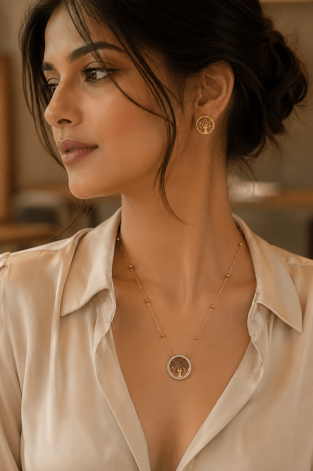 Tree of Life Pendant Necklace & Earrings Set - Gold Stainless Steel with Rhinestones