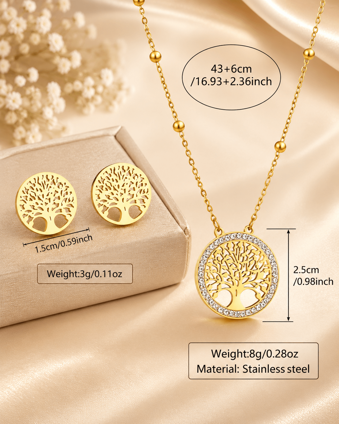 Tree of Life Pendant Necklace & Earrings Set - Gold Stainless Steel with Rhinestones