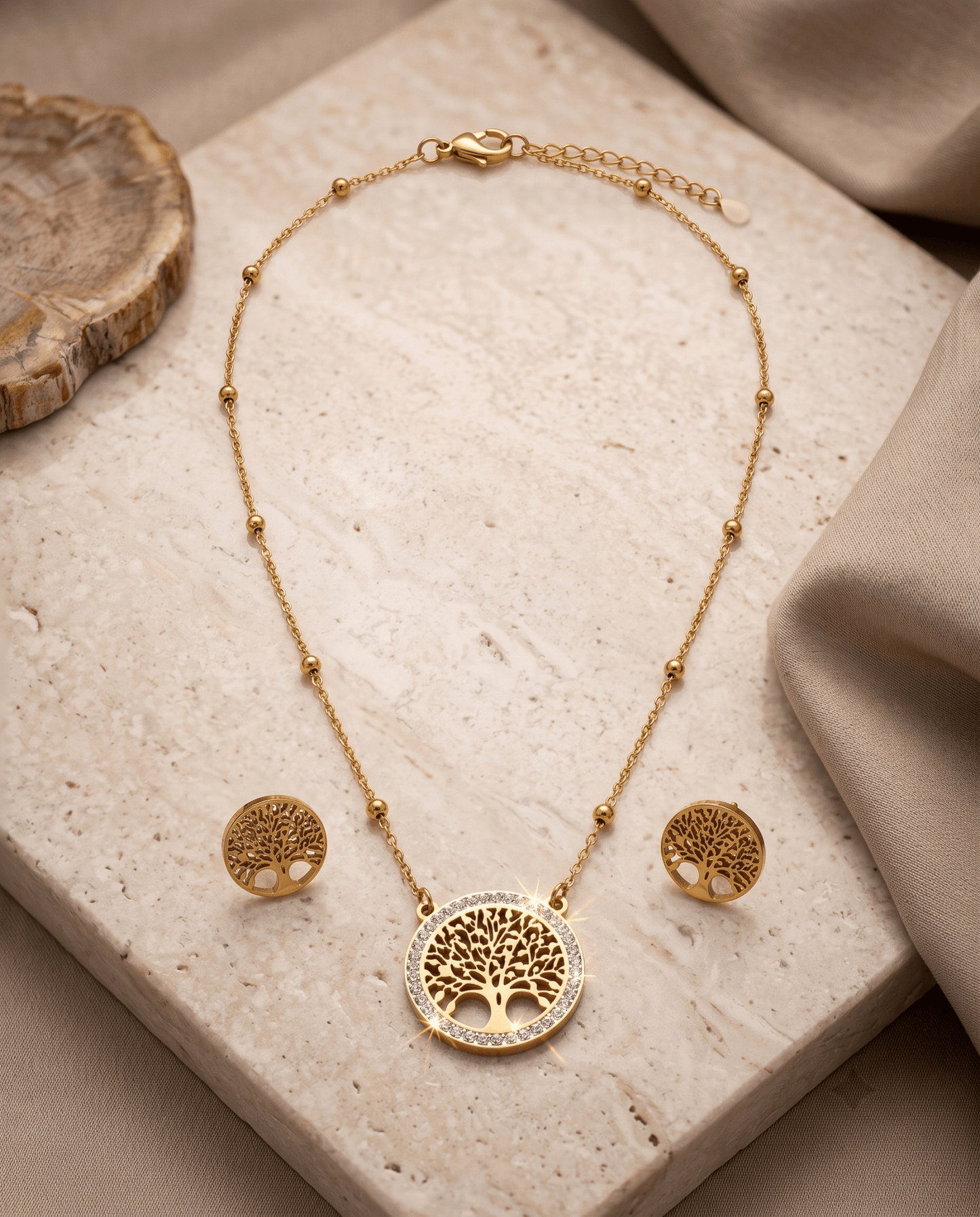 Tree of Life Pendant Necklace & Earrings Set - Gold Stainless Steel with Rhinestones