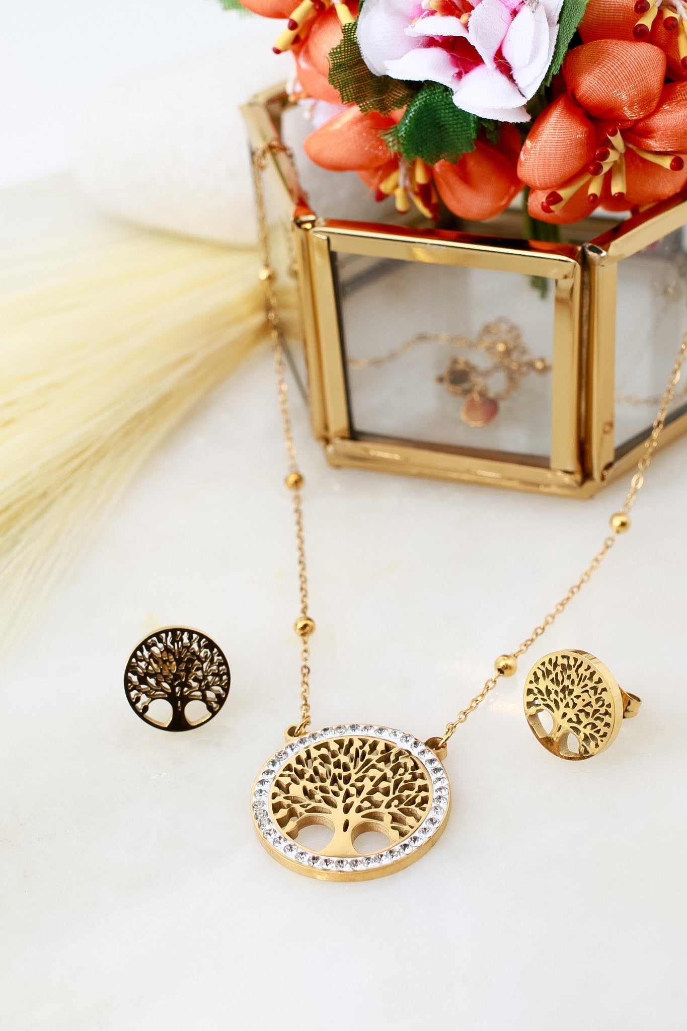 Tree of Life Pendant Necklace & Earrings Set - Gold Stainless Steel with Rhinestones