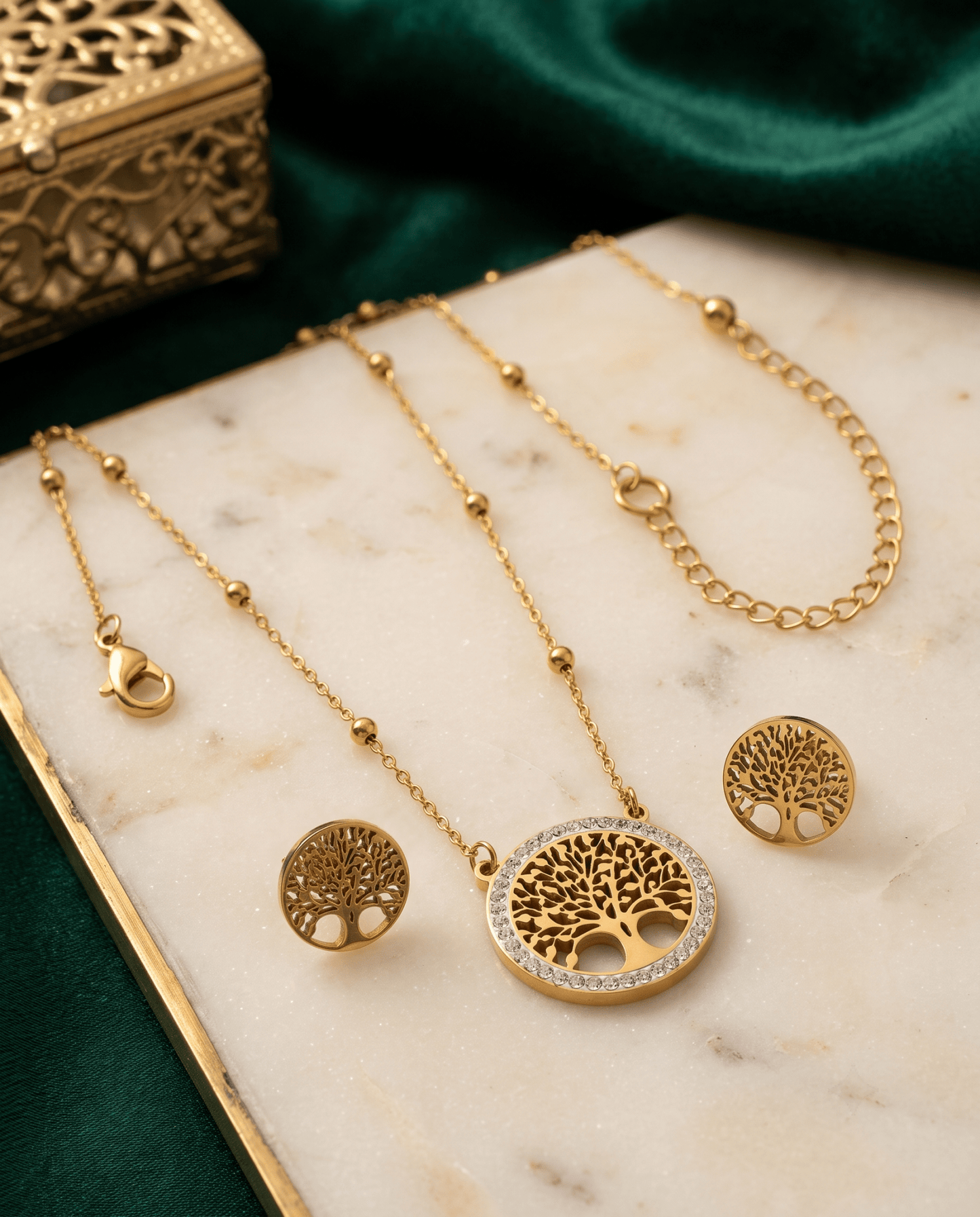 Tree of Life Pendant Necklace & Earrings Set - Gold Stainless Steel with Rhinestones