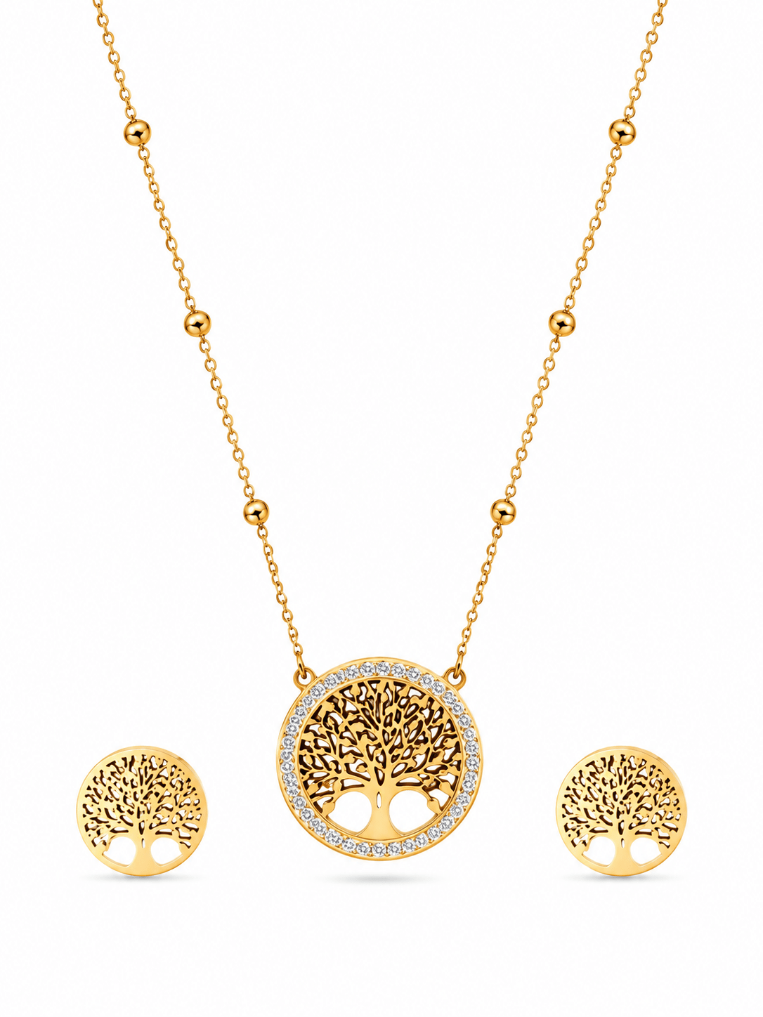 Tree of Life Pendant Necklace & Earrings Set - Gold Stainless Steel with Rhinestones
