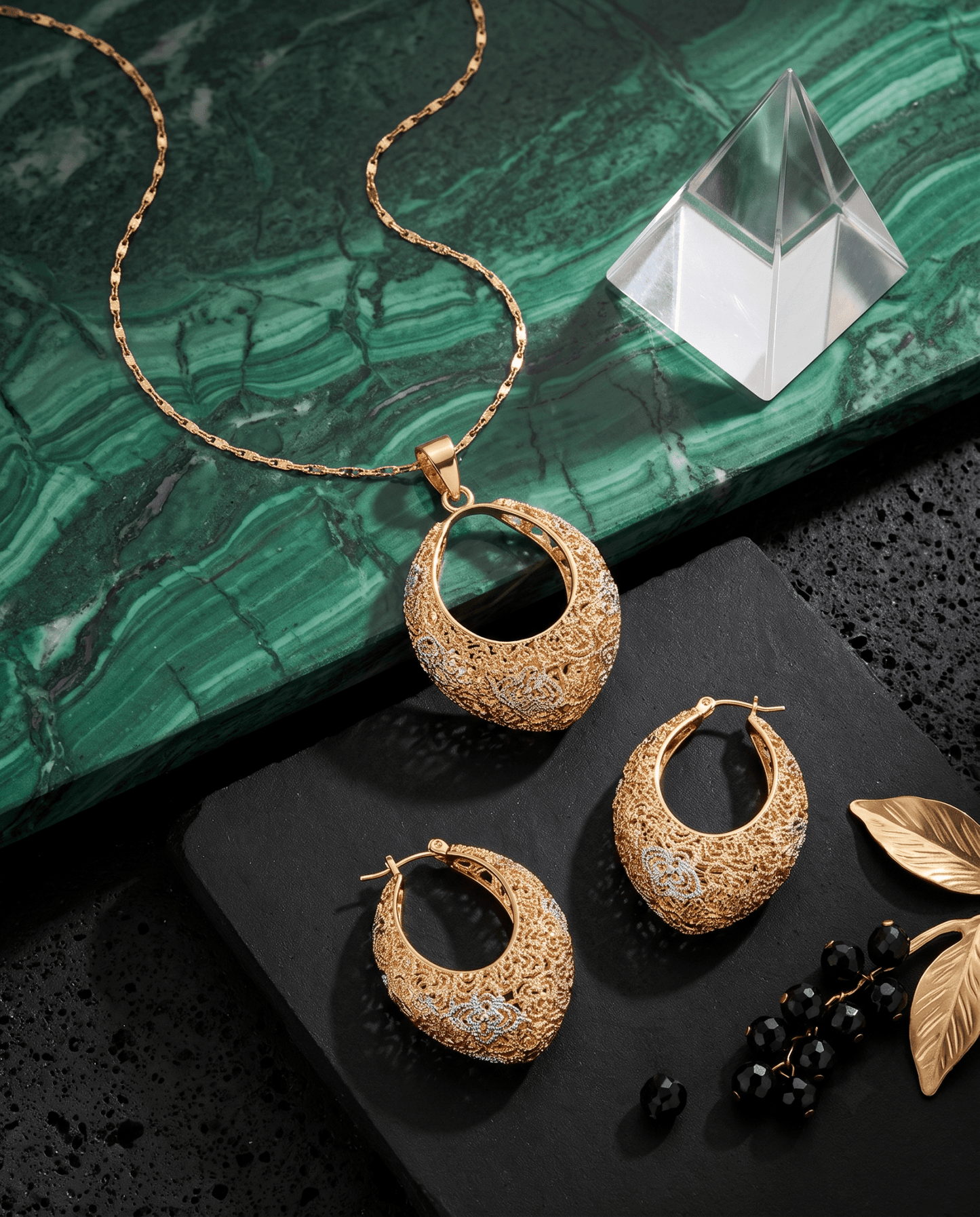 Tri-Tone Filigree Lace Pendant Necklace & Hoop Earrings Set - Maxiblink