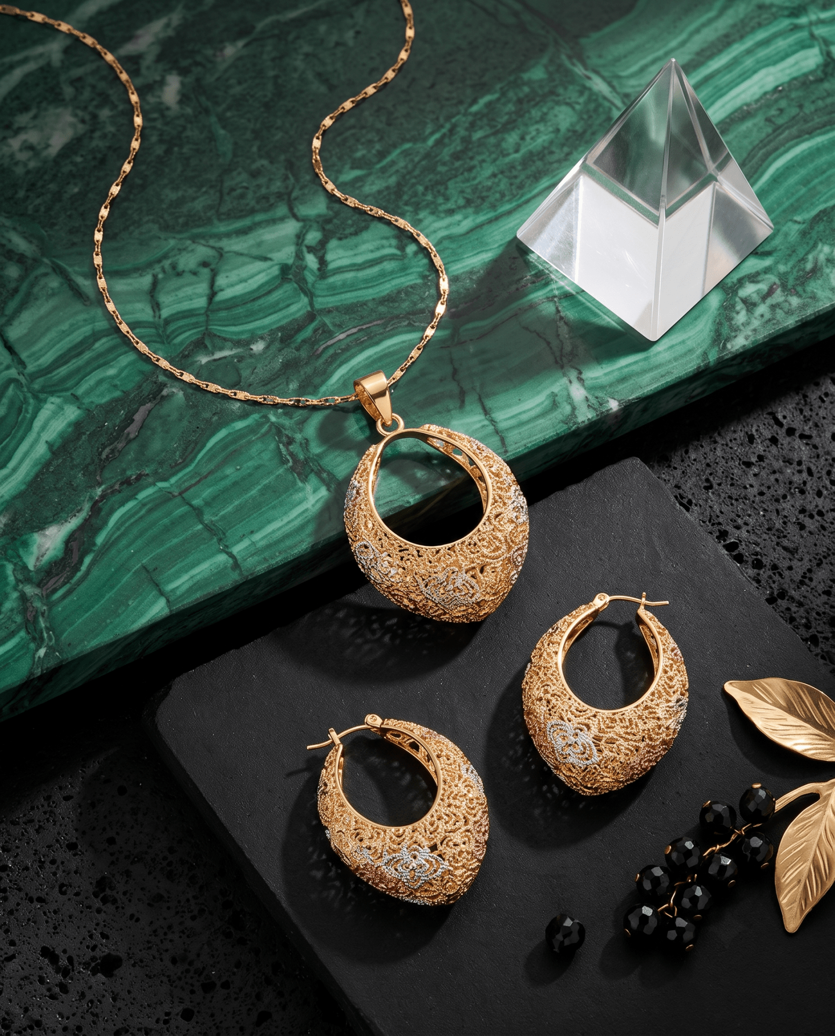 Tri-Tone Filigree Lace Pendant Necklace & Hoop Earrings Set - Maxiblink