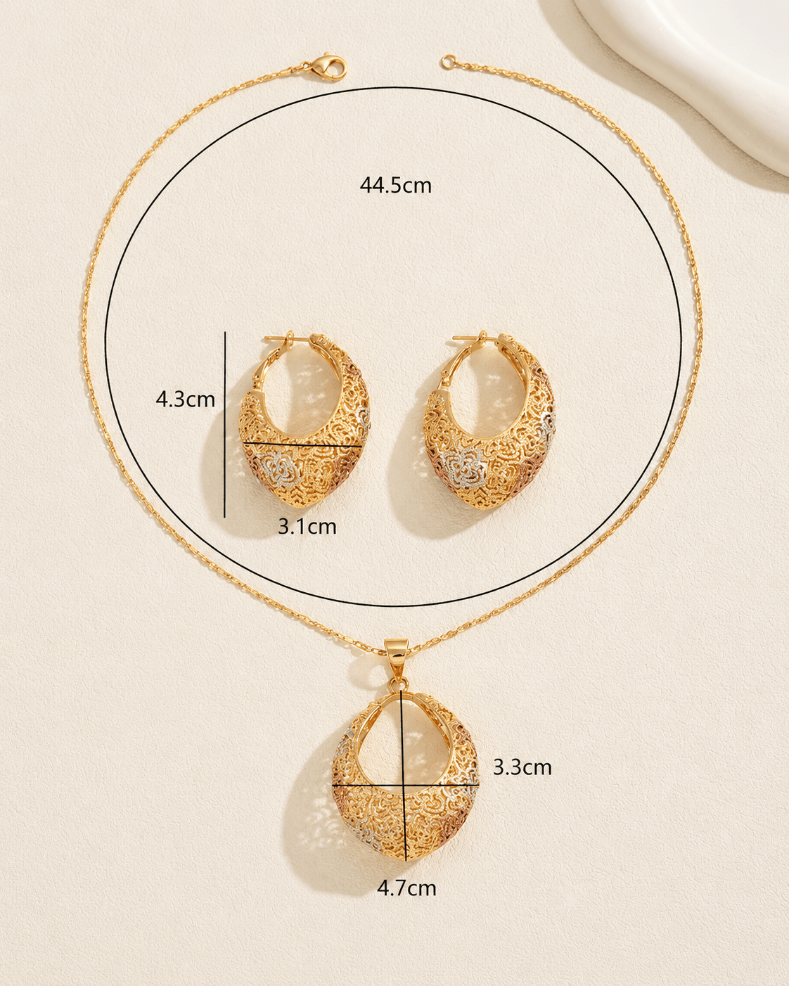 Tri-Tone Filigree Lace Pendant Necklace & Hoop Earrings Set - Maxiblink