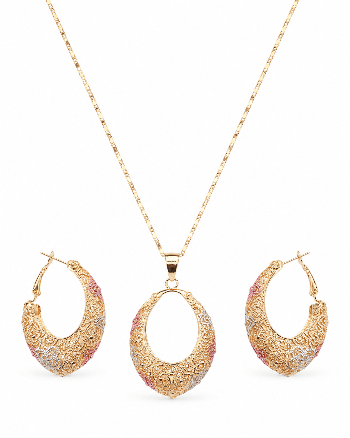 Tri-Tone Filigree Lace Pendant Necklace & Hoop Earrings Set - Maxiblink