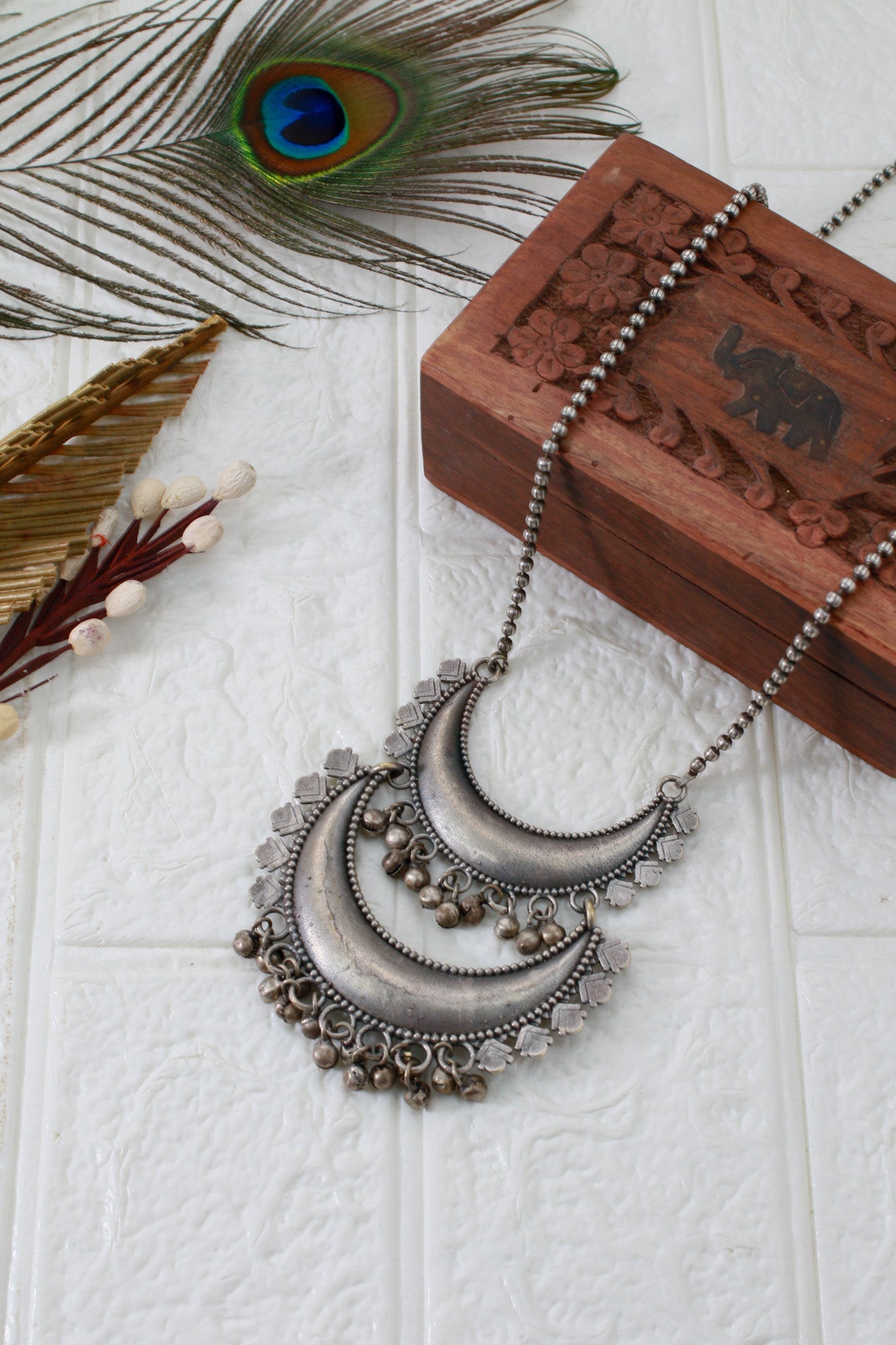 Tribal Double Crescent Pendant | Oxidised German Silver Necklace - Maxiblink