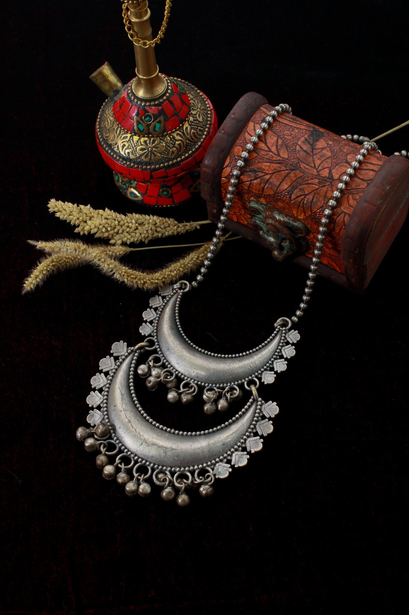 Tribal Double Crescent Pendant | Oxidised German Silver Necklace - Maxiblink