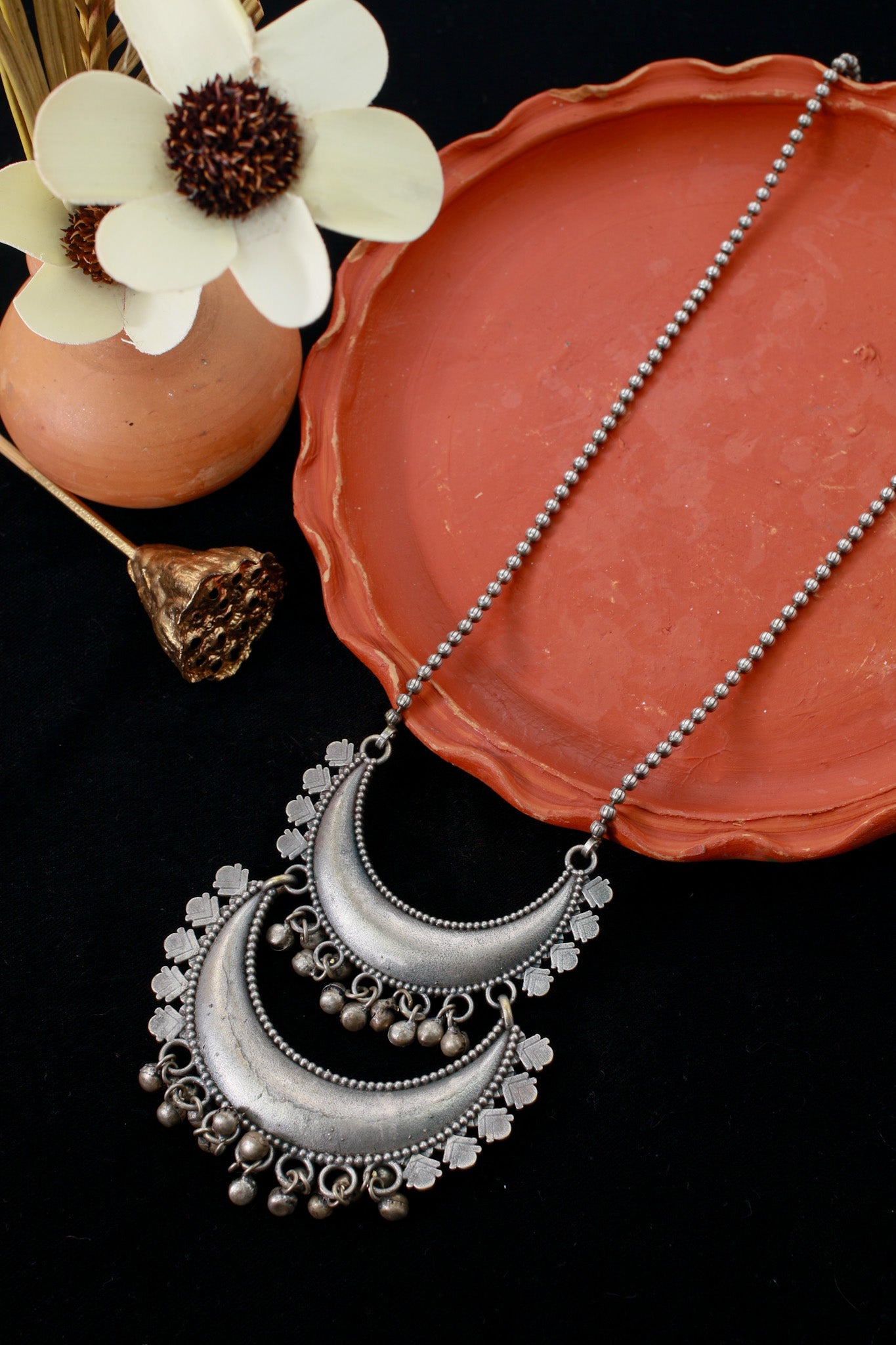 Tribal Double Crescent Pendant | Oxidised German Silver Necklace - Maxiblink