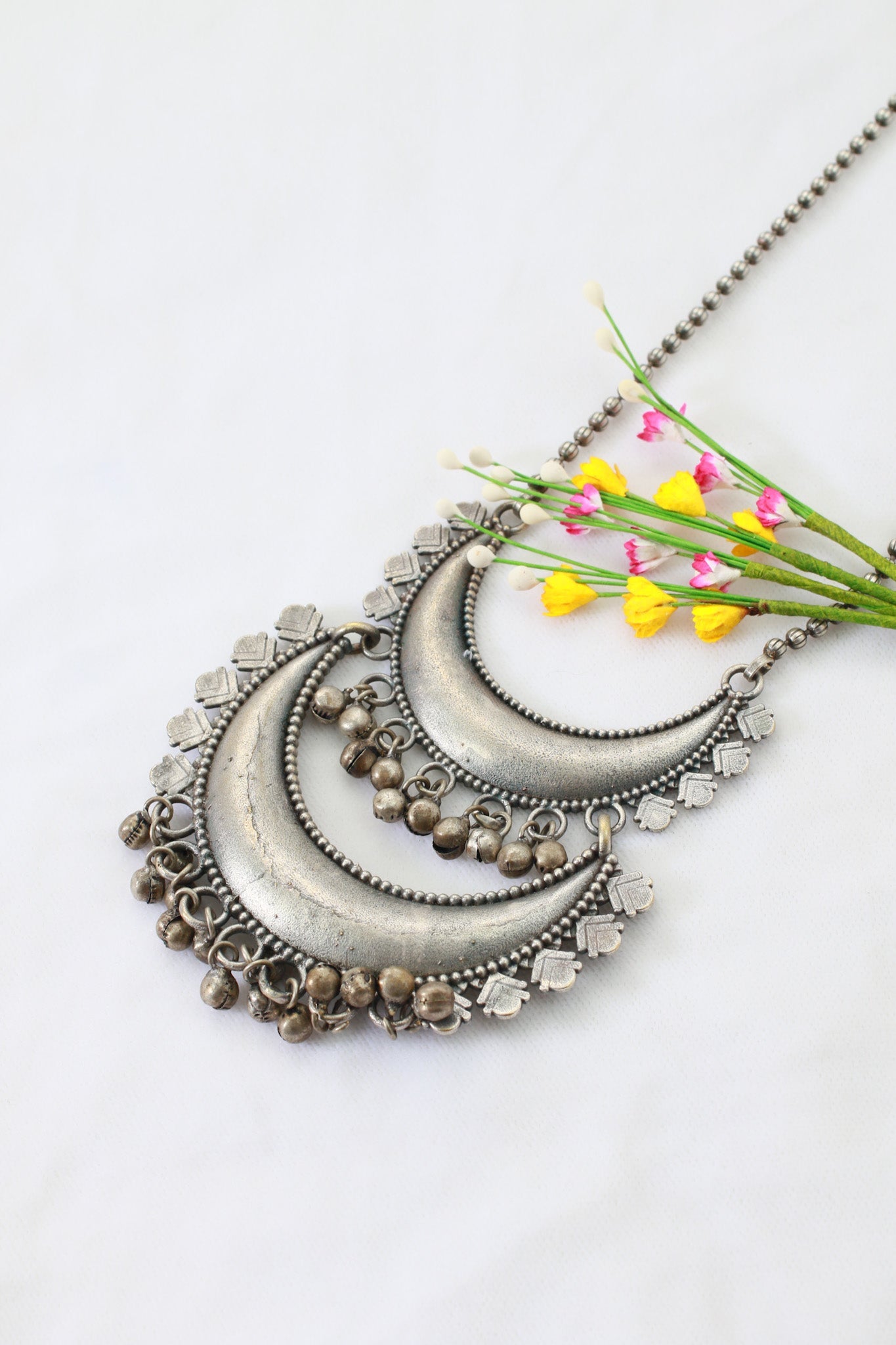 Tribal Double Crescent Pendant | Oxidised German Silver Necklace - Maxiblink