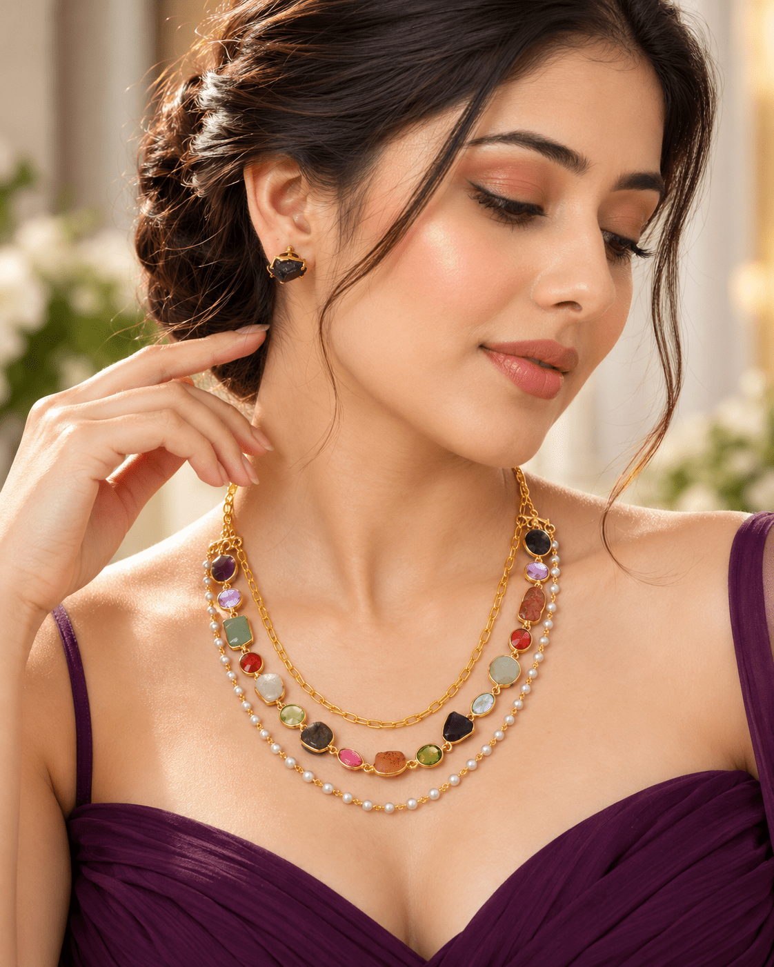 Triple Layer Multi Stone, Pearl & Chain Necklace Set - Maxiblink