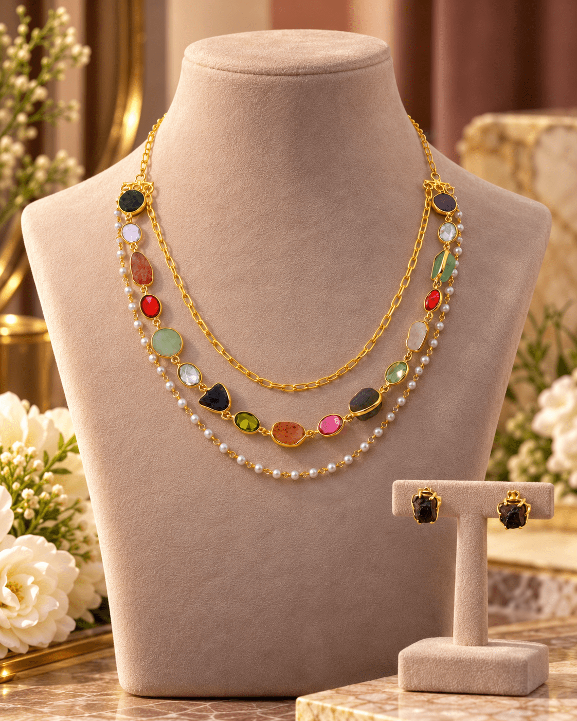 Triple Layer Multi Stone, Pearl & Chain Necklace Set - Maxiblink