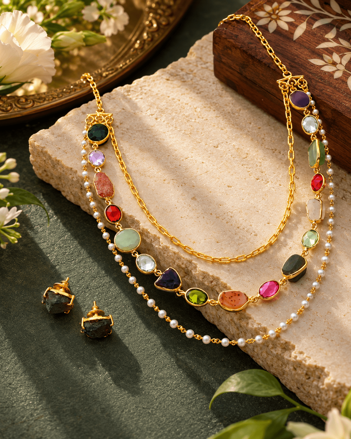 Triple Layer Multi Stone, Pearl & Chain Necklace Set - Maxiblink