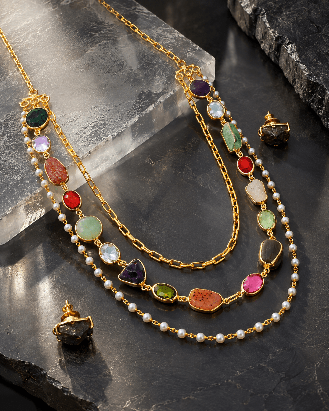 Triple Layer Multi Stone, Pearl & Chain Necklace Set - Maxiblink