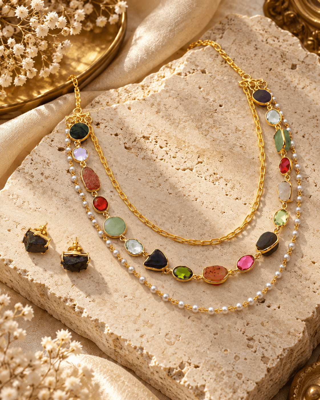 Triple Layer Multi Stone, Pearl & Chain Necklace Set - Maxiblink