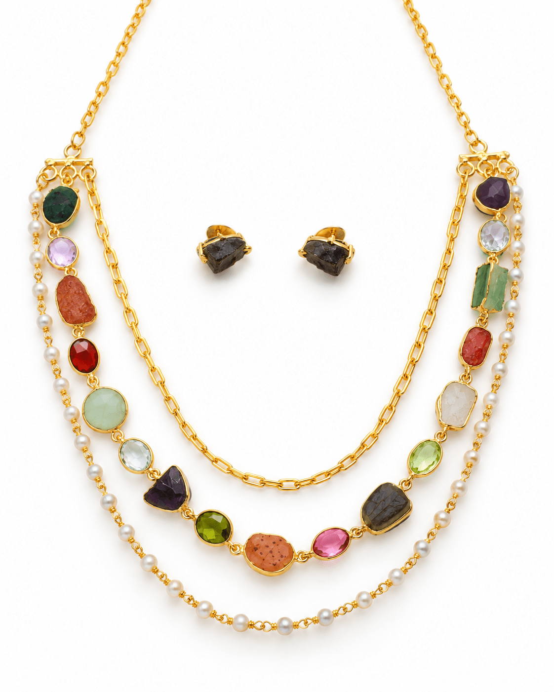 Triple Layer Multi Stone, Pearl & Chain Necklace Set - Maxiblink