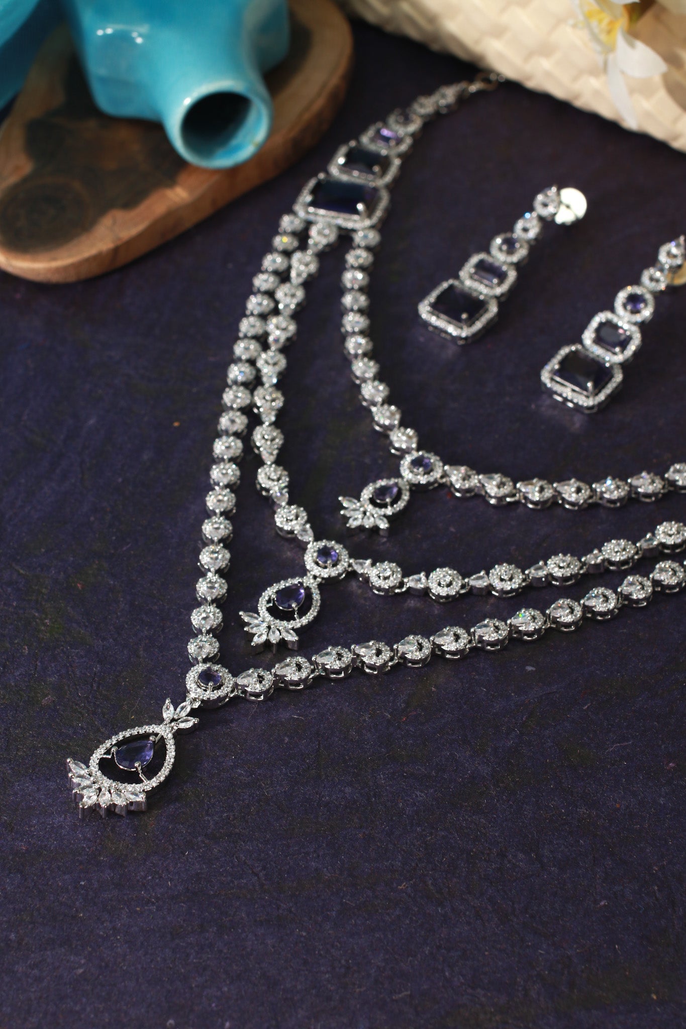 Triple Layer Sapphire Glamour Necklace Set - Maxiblink