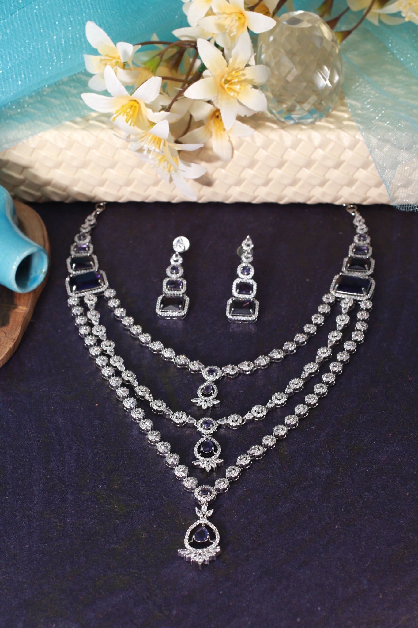Triple Layer Sapphire Glamour Necklace Set - Maxiblink