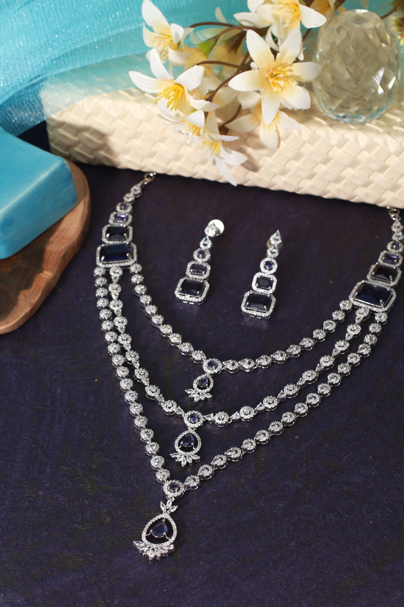 Triple Layer Sapphire Glamour Necklace Set - Maxiblink