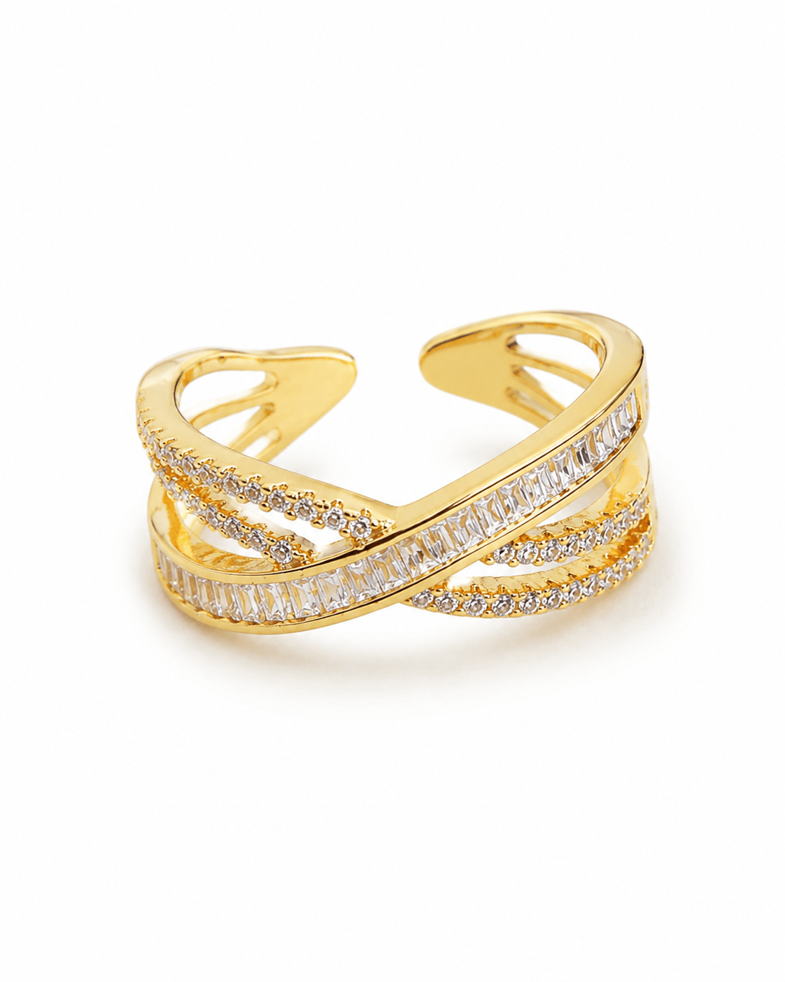 Triple-Line Baguette Crossover Ring — anti-tarnish adjustable free-size ring, MaxiBlink demi-fine