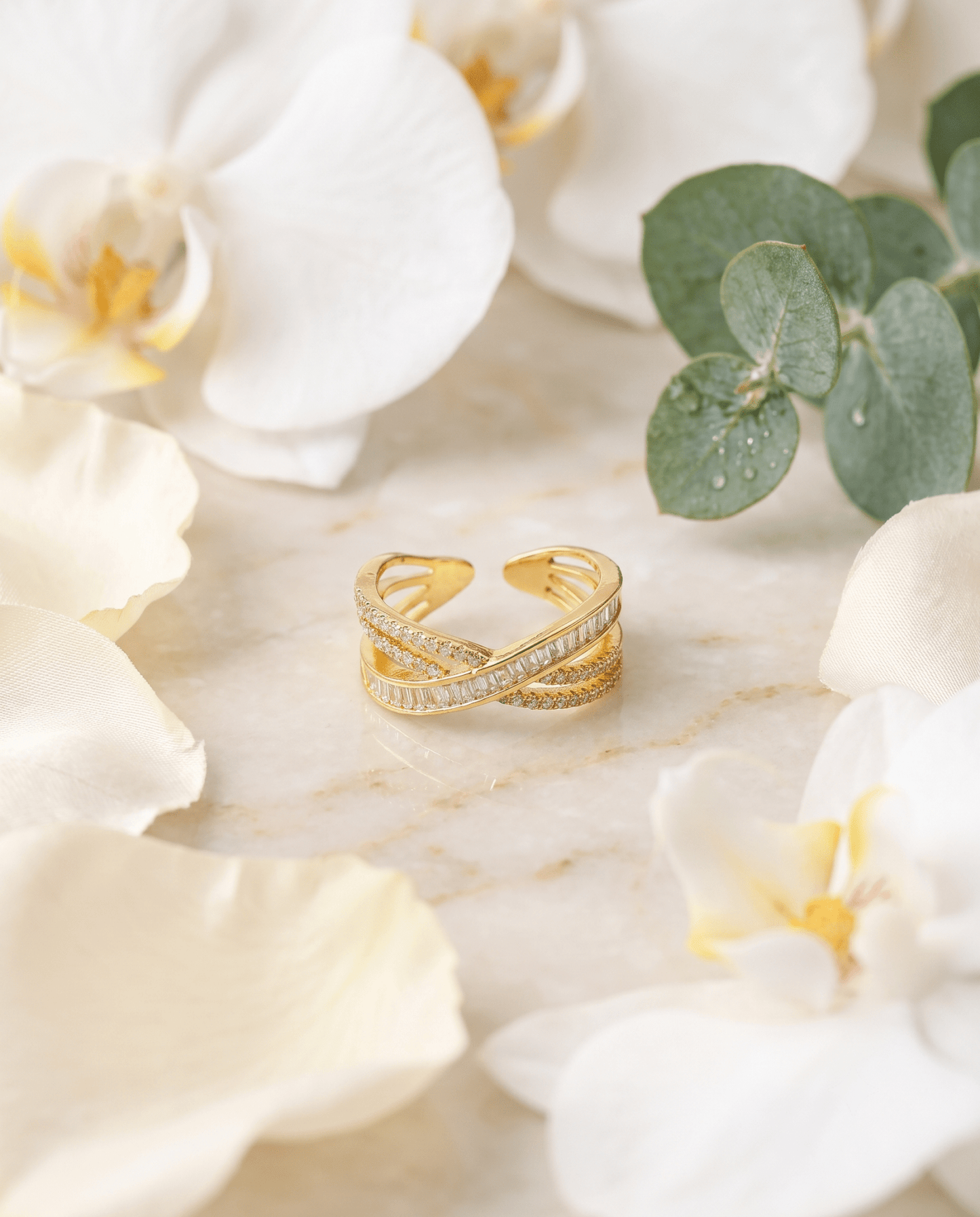 Triple-Line Baguette Crossover Ring, free-size open band — MaxiBlink gold-plated demi-fine jewellery