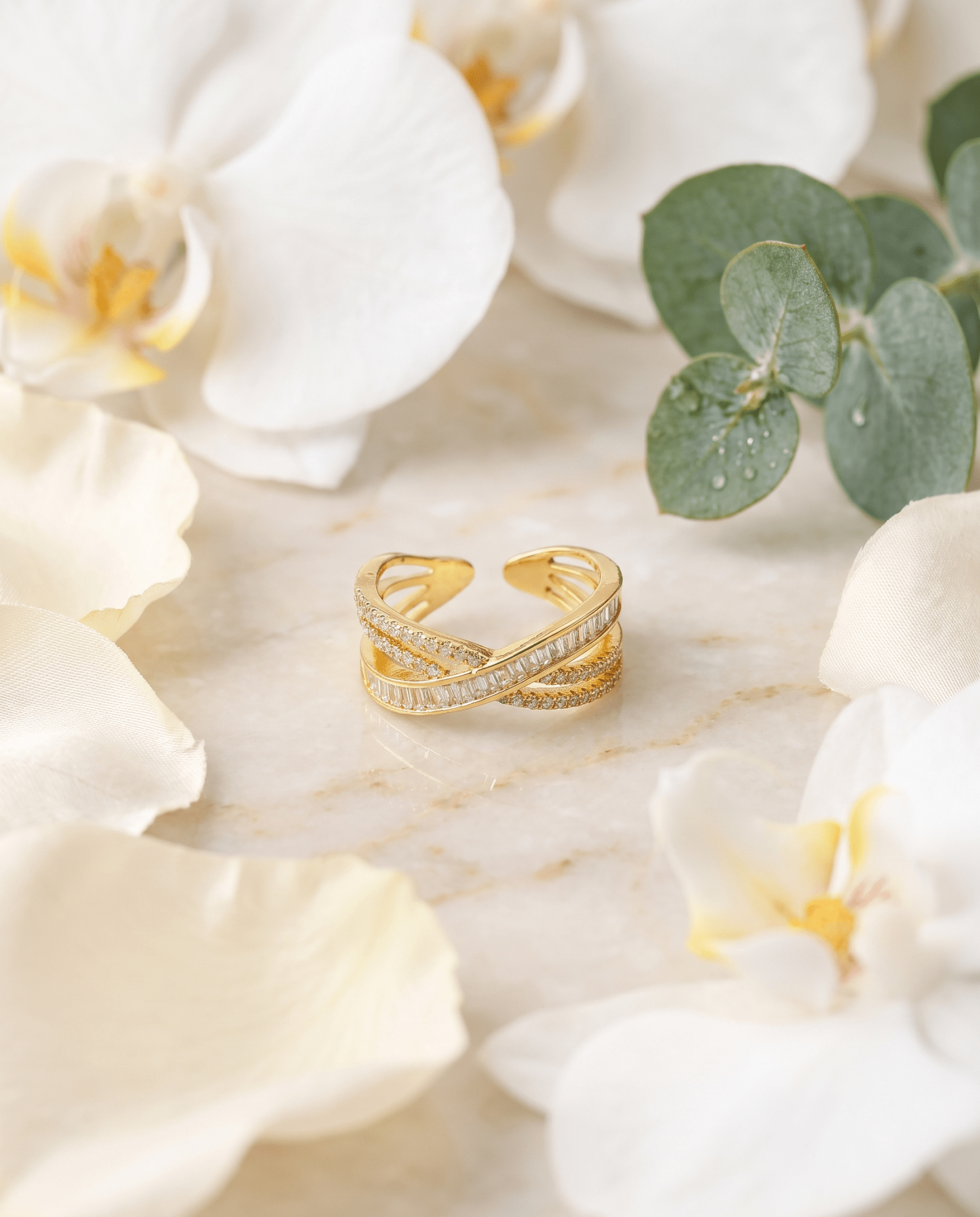 Triple-Line Baguette Crossover Ring, free-size open band — MaxiBlink gold-plated demi-fine jewellery