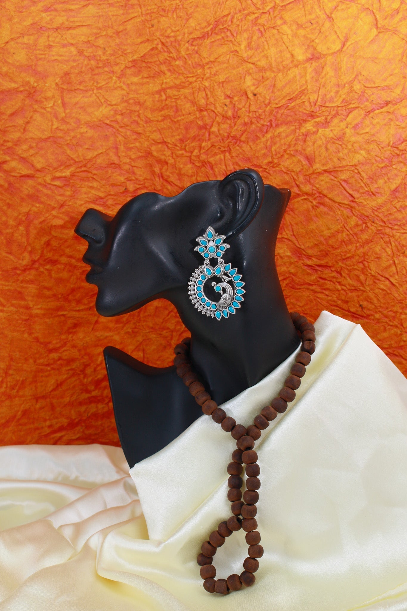 Turquoise Blue Monalisa Stone Peacock Design Oxidised Earrings - Maxiblink