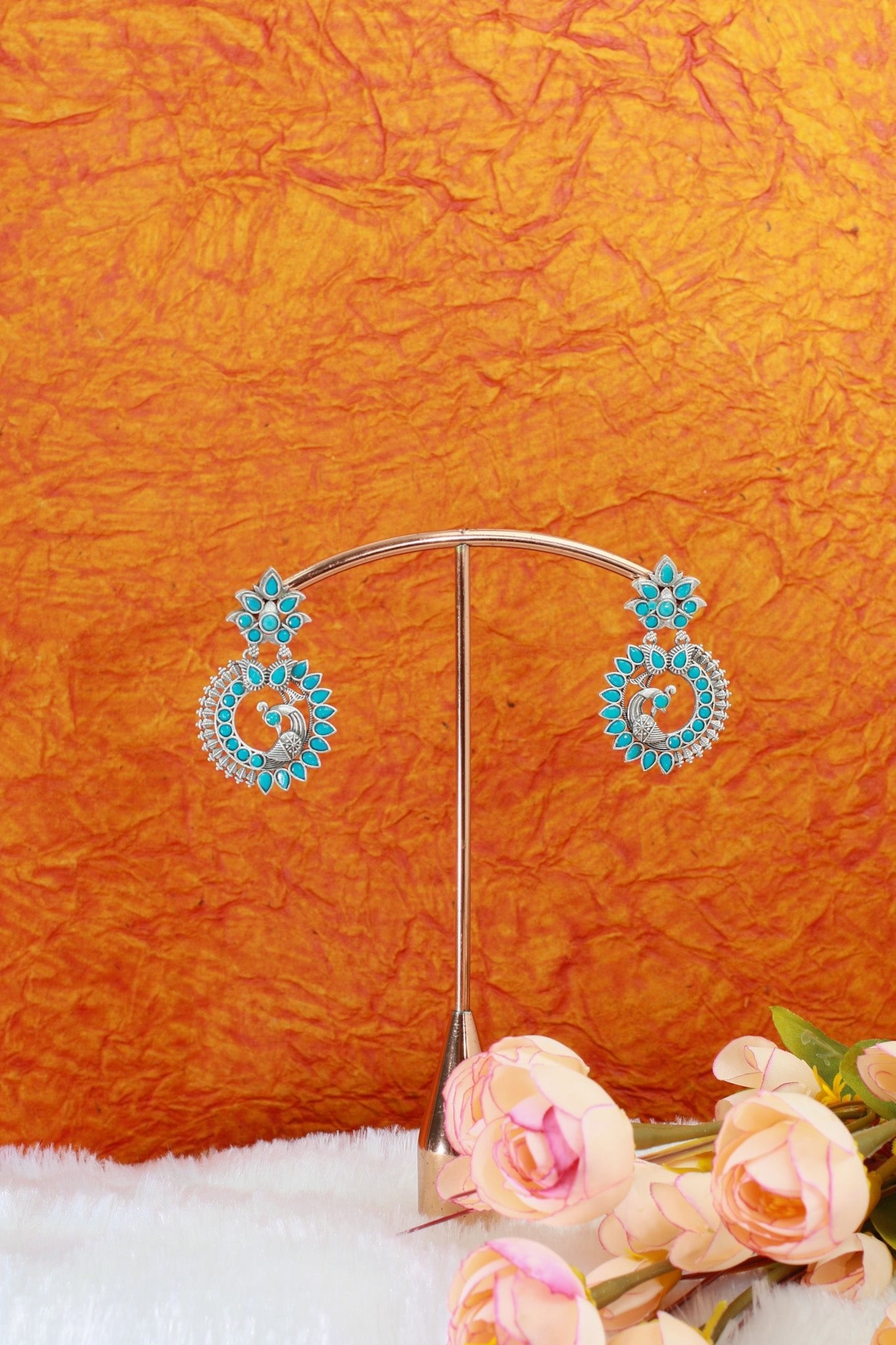 Turquoise Blue Monalisa Stone Peacock Design Oxidised Earrings - Maxiblink
