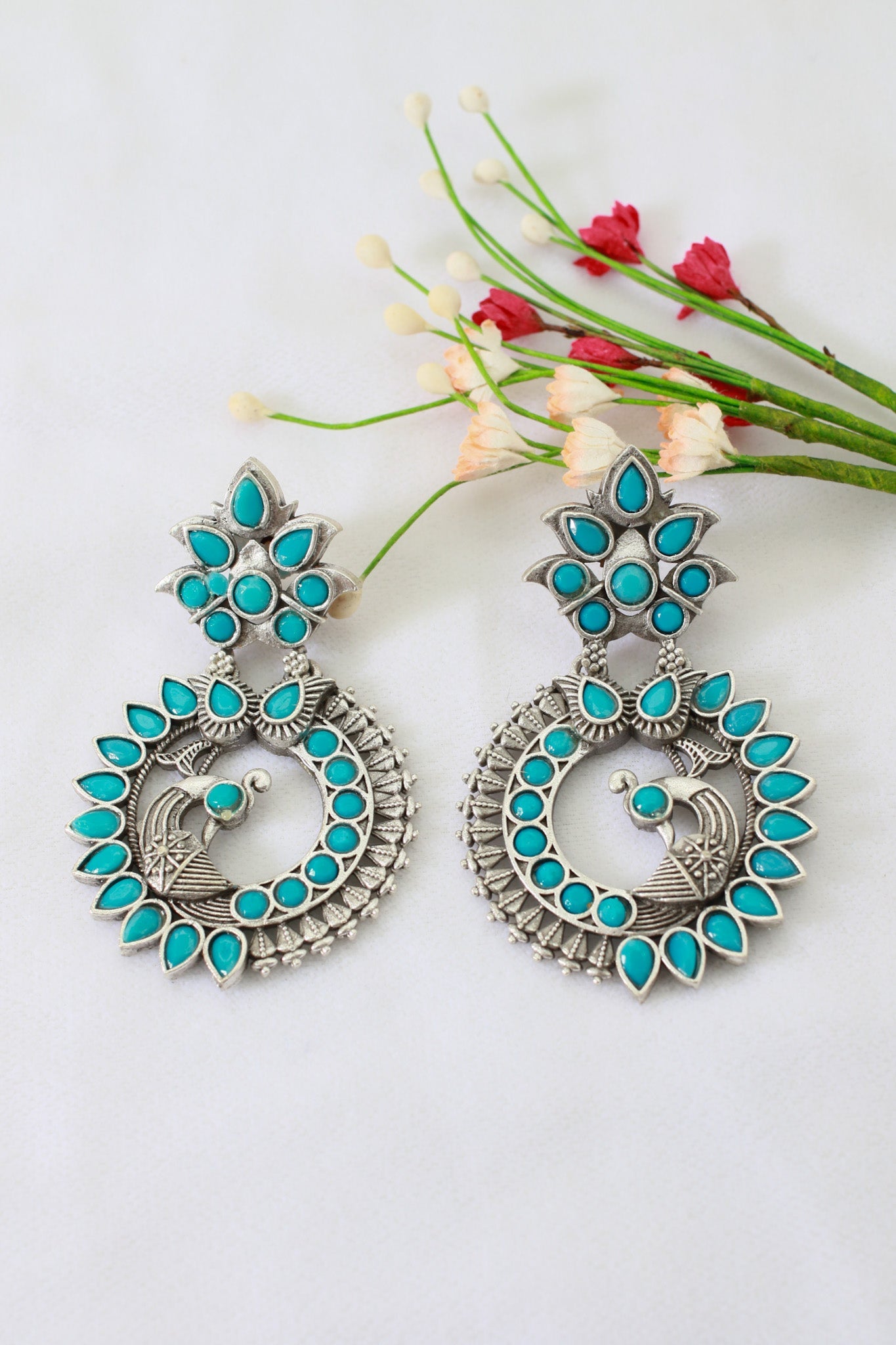Turquoise Blue Monalisa Stone Peacock Design Oxidised Earrings - Maxiblink