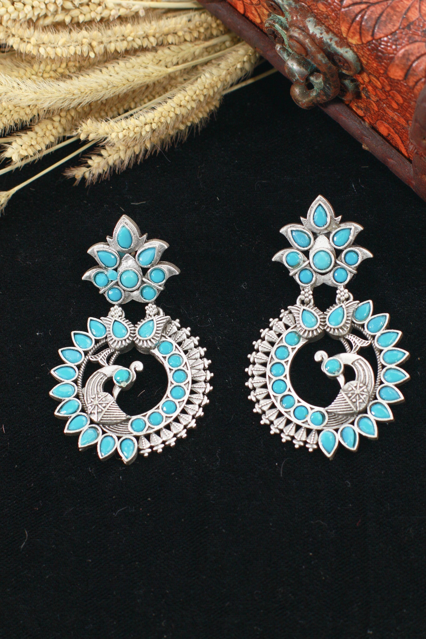 Turquoise Blue Monalisa Stone Peacock Design Oxidised Earrings - Maxiblink