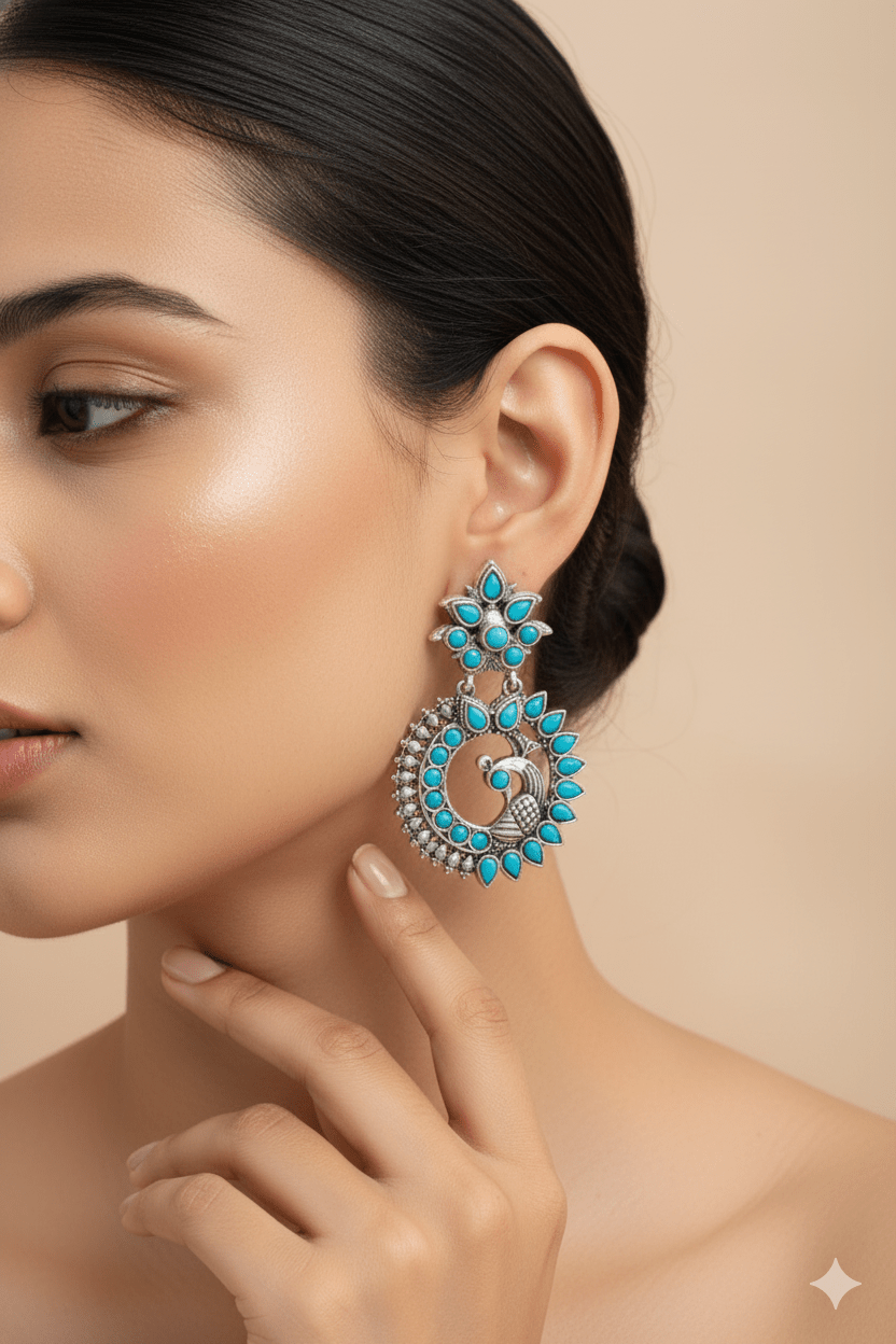 Turquoise Blue Monalisa Stone Peacock Design Oxidised Earrings - Maxiblink