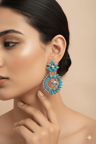 Turquoise Blue Monalisa Stone Peacock Design Oxidised Earrings - Maxiblink