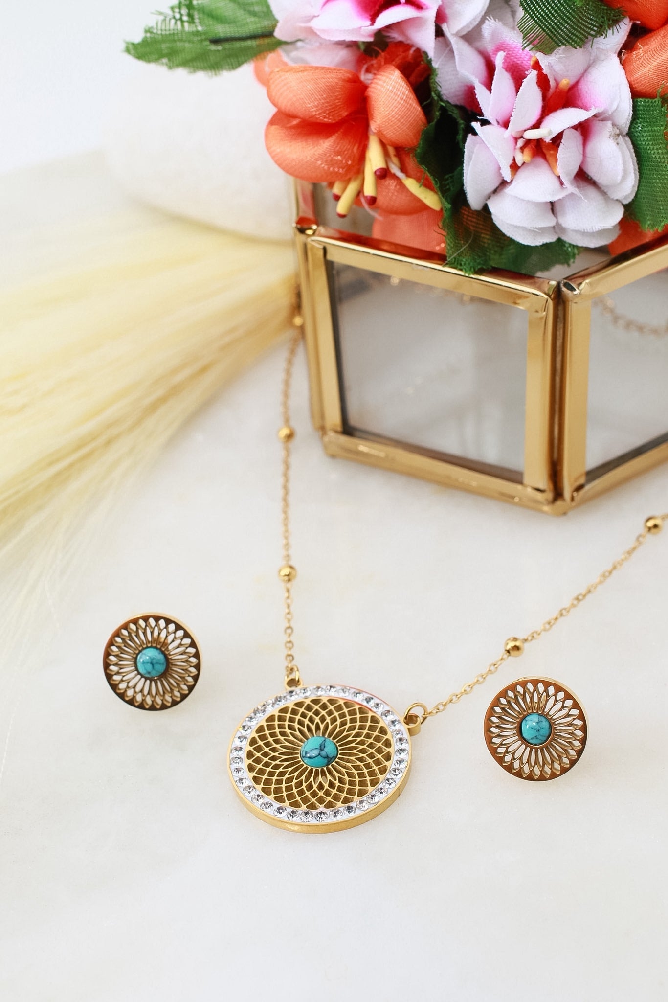 Turquoise Medallion Pendant Necklace & Earring Set