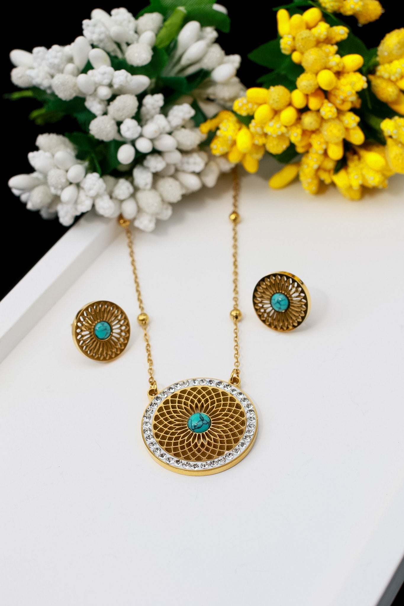 Turquoise Medallion Pendant Necklace & Earring Set